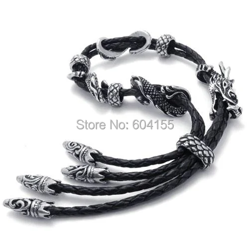 

2014 NEW Hot Selling Fashion Stainless steel Classic Men's Single dragon Leather Strap heavy Bracelet FREE SHIPPING