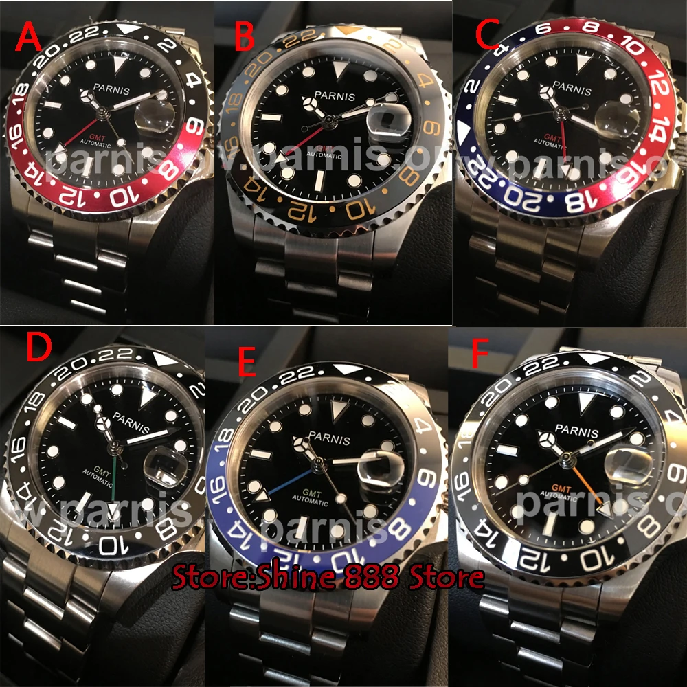 

40mm Parnis black dial Ceramic Rotatig Bezel Sapphire glass Ceramic bezel GMT automatic mens watch