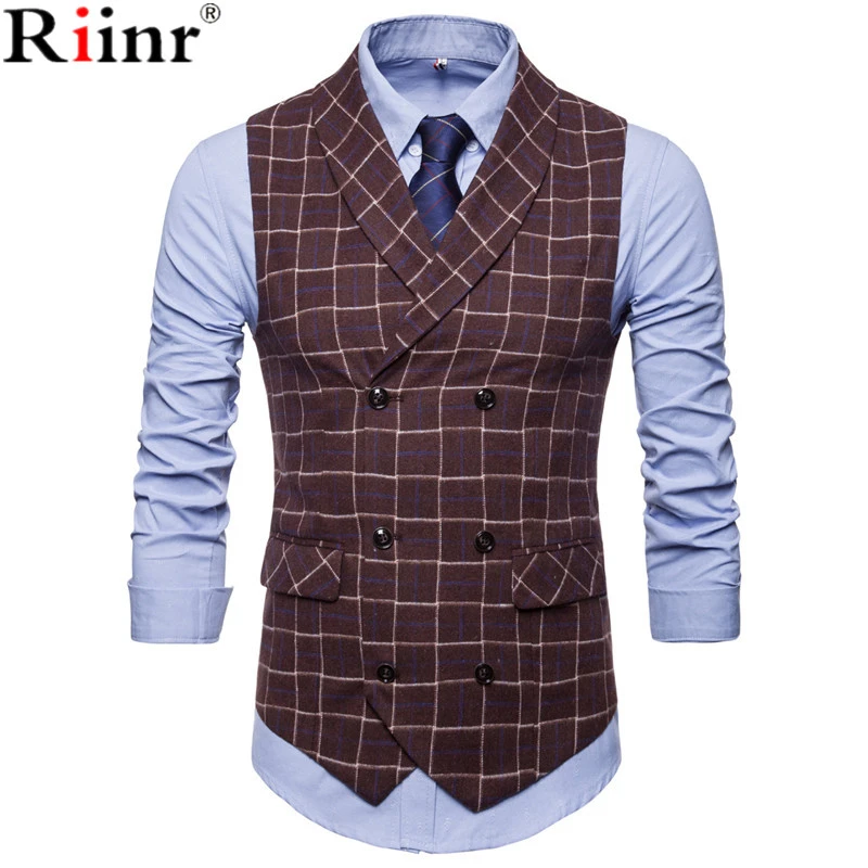 Riinr New Classic Plaid Suit Vest Men Slim Fit Double Breasted Vest