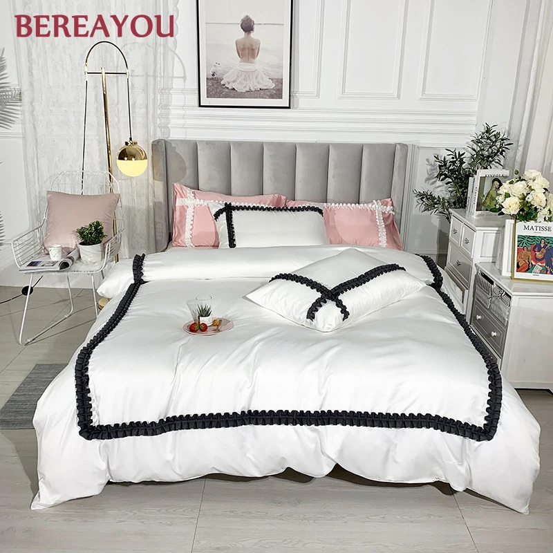 Simple Tencel Bedding Set Princess Satin Girls Flat Bed Sheet Twin Queen King Size Duvet Cover Warm Soft 3/4pcs parure de lit | Дом и сад
