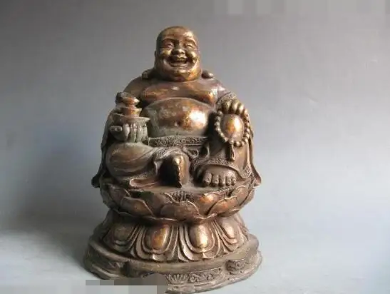 

S3622 Chinese Old Bronze Carved Yuan Bao Money laughter arhat Maitreya Buddha Statue