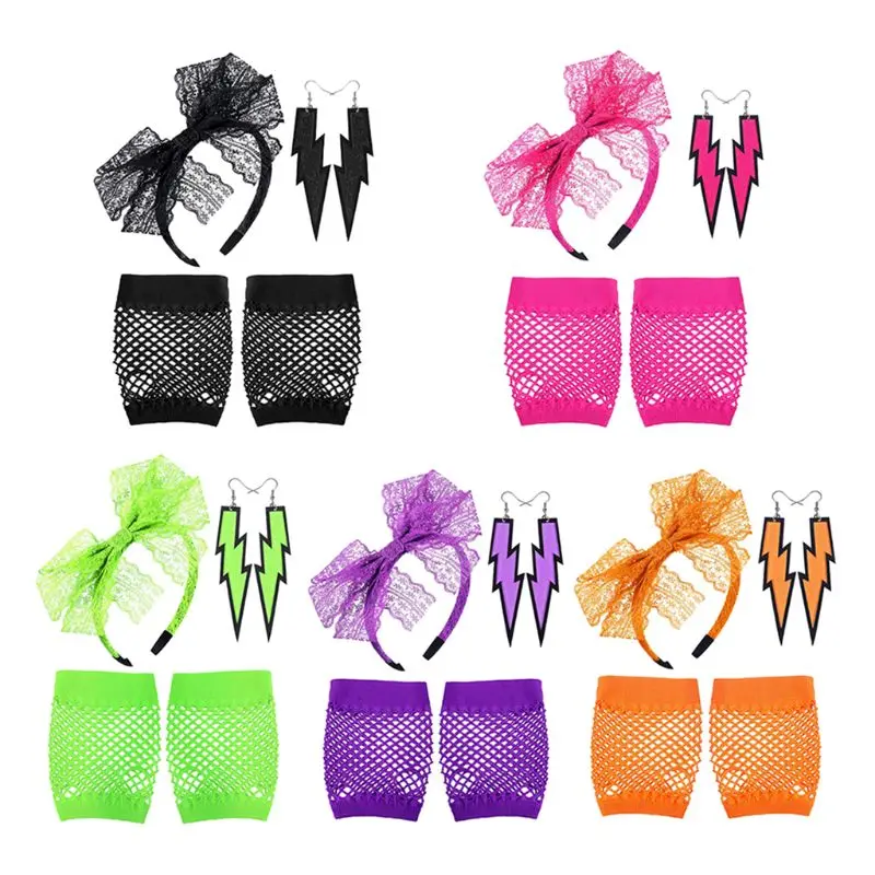 

3 Pcs Single Ball Party Theme Parties Supplies Neon Color Sexy Short Fishnet Gloves Earrings Lace Headband Three-piece For Women
