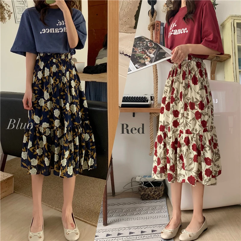 

Korean Vintage Style Summer 2019 Chiffon Elastic Waist High Waist Black and White Rose Print Ruffle Skirt Midi Skirts Womens