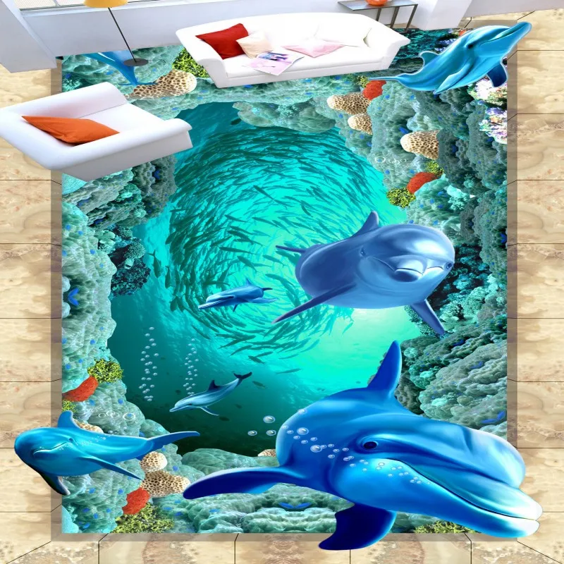 

Free shipping custom flooring moisture proof non-slip living room wallpaper 3D Stereo Sea World Dolphin Floor Painting mural