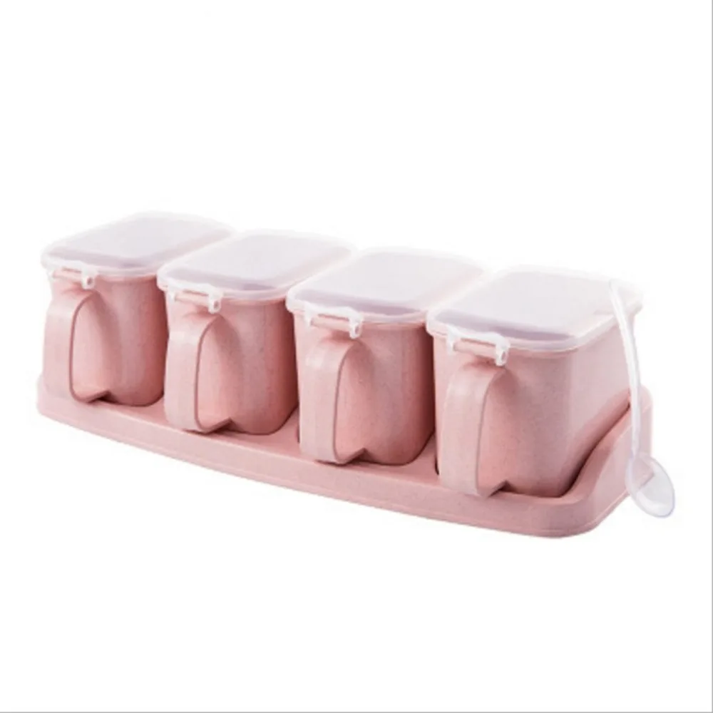 

Kitchen 4 Grid Seasoning Box with Spoon Salt Bottle Condiment Jars Kitchen Accessories Multifunctional Pepper Seasoning Box