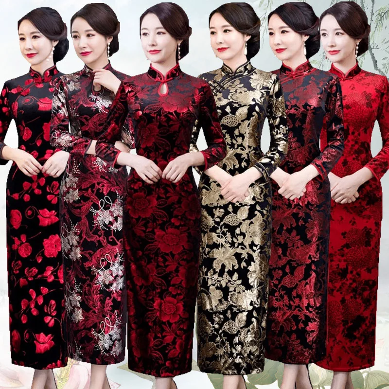 Китайские традиционные Длинные Cheongsam Для женщин велюр Макси Платье Бальный костюм M-3XL