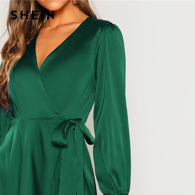 SHEIN Green Solid Surplice Wrap Knot High Waist Belted Maxi Plain V Neck Dress Women Casual