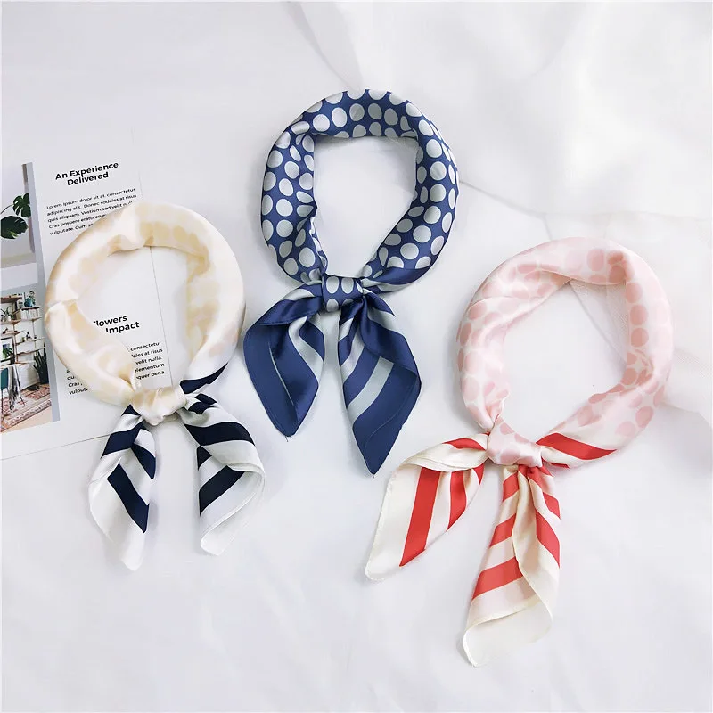 

New Elegant Women Square Scarf Stripe Printing Satin Scarves Female Neckerchief Soft Multifunctional Bandana Foulard Headband