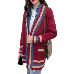 Корейский элегантный полосатый карман осень-зима вязаный свитер кардиган Для женщин Длинная Куртка v-образным вырезом Женские джемпера