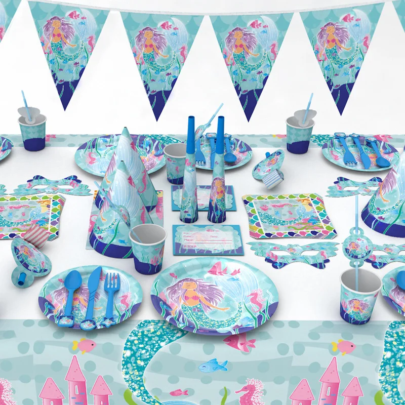 

105pcs/lot 6 kids New style Mermaid Party Set Tableware Plate Napkins Happy Birthday Cartoon Cup Baby Shower Party supplies