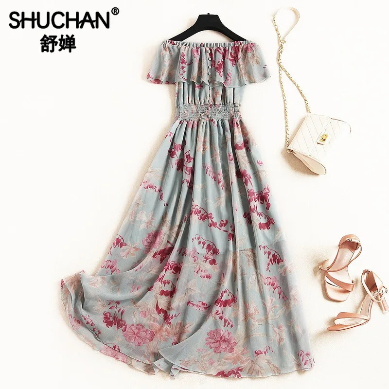 

Shuchan Beach Style A-Line Summer Dresses for Women Chiffon Slash Neck Off The Shoulder Ruffles Print Holiday Dresses 11757