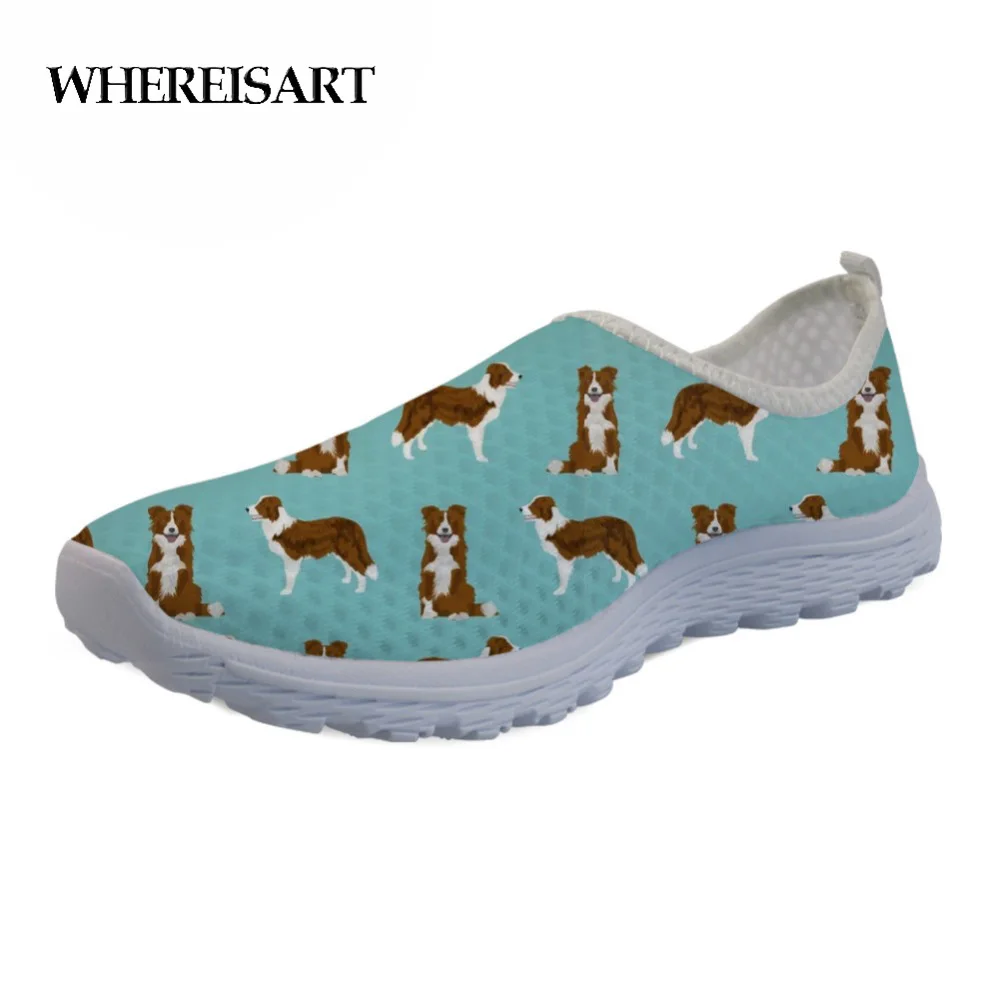 

WHEREISART Woman Espadrilles Cute Border Collie Pattern Sneakers Breathable Mesh Flats Summer Beach Walking Shoes Zapatos Mujer