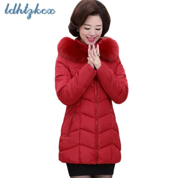 

Women's Cotton Coats 2018 Winter New Black Big Size Hooded Jackets Mid-aged Ladies Zipper Pockets Long Slim Hooded Parkas CX486