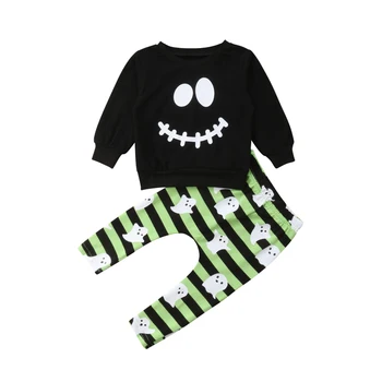 

2PCS Set Halloween Baby Boys Toddler Kids Clothes Long Sleeve T-shirt Ghost Striped Pants Outfits Clothes Set
