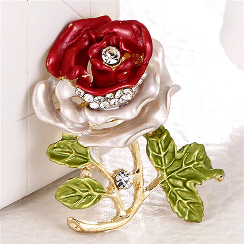 Rose Flower Brooch Pin Crystal Rhinestone Beautiful Enamel Leaves