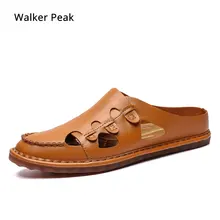 Коричневые шлёпанцы из натуральной кожи; мужские шлёпанцы; слипоны на плоской подошве; кожаная обувь ручной работы; Повседневная модная брендовая обувь; большие размеры