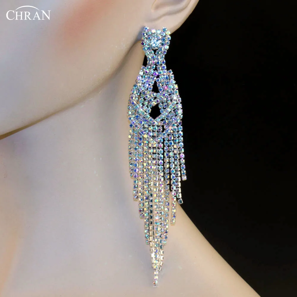 CHRAN AB Rhinestone Wedding Statement Earrings for Bride Elegant Silver