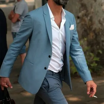 Najtaniej Najbardziej Mody Elegancki Niebieski Mężczyzn Garnitur Szary Spodnie Beach Wedding Tuxedo Niestandardowe Młodych Mężczyzn Garnitury Casualowe Nosić Vestido (kurtka + Spodnie)
