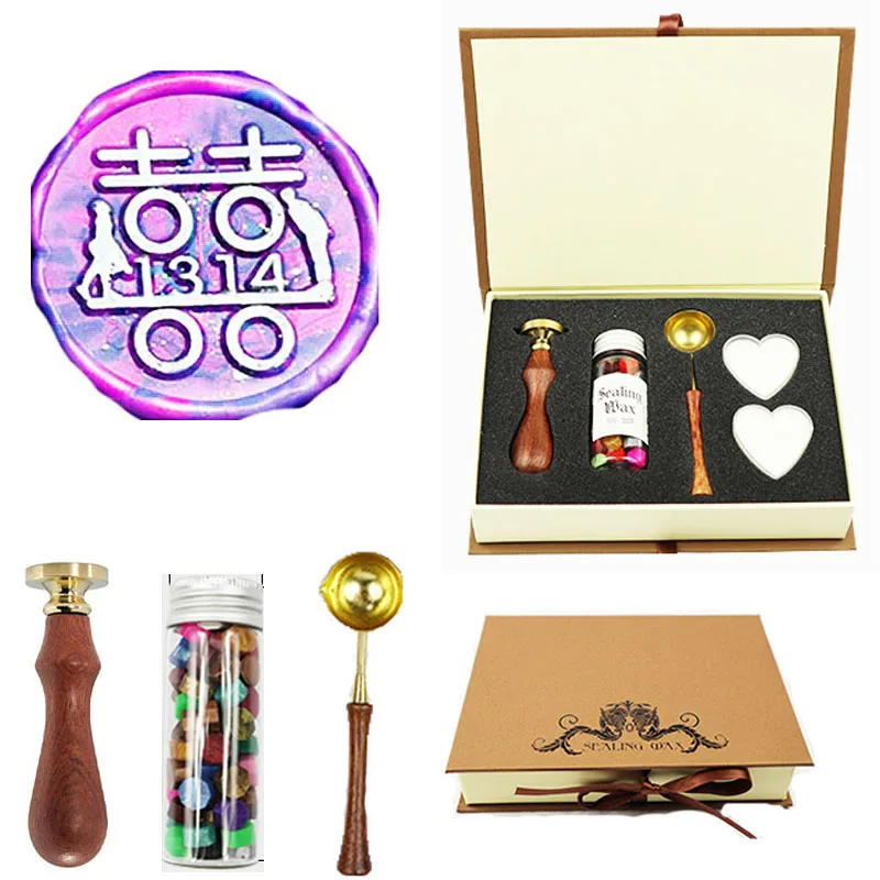 1 gift box Винтажная тематика "Счастье для двоих" любовники изображение на заказ логотип Свадебное приглашение восковое уплотнение штамп палочки ложка Подарочная коробка набор - Цвет: 1 gift box