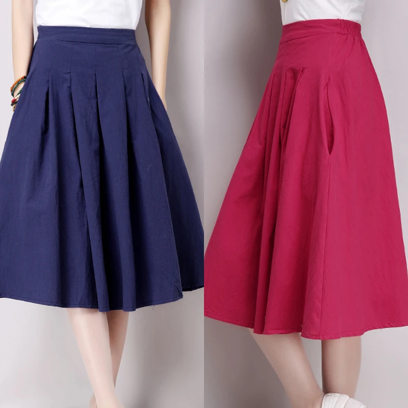 Винтаж летняя длинная юбка Новинки для женщин Дизайн японский Мори девушка большие качели Повседневное талии Лен Юбки для женщин плюс Размеры плиссированные