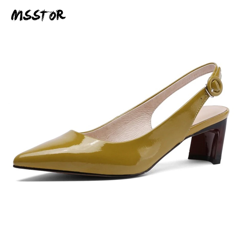 

MSSTOR Buckle Yellow Shoes Pointed Toe Fashion Elegant Summer Solid Sexy Patent Leather Woman Sandals Strange Style High Heels
