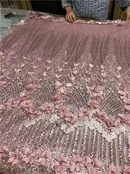 

Pink Nigerian French 3d Lace Fabrics 2019 beads African Tulle Lace Fabric High Quality African Lace Wedding Fabric For Dress