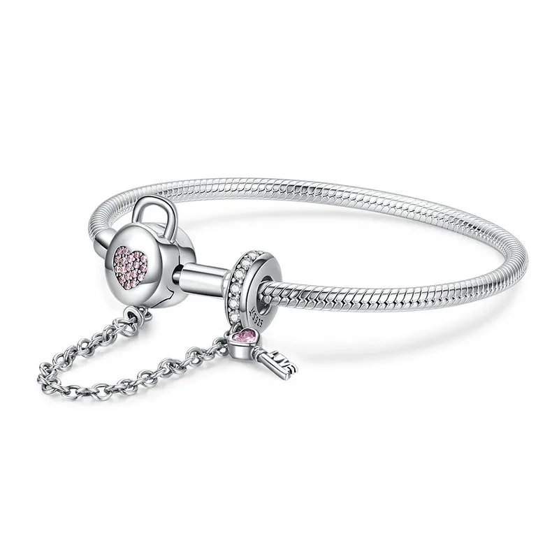 

Silver Snake Bracelets 925 Sterling Silver Pink CZ Heart Lock and Key Safety Chain Charm Bracelet for Women Gift SCB143
