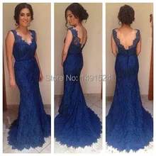 2015 neue mit v-ausschnitt blauen spitze lange ballkleider applikationen formal kleid partei cocktail mantel kleid