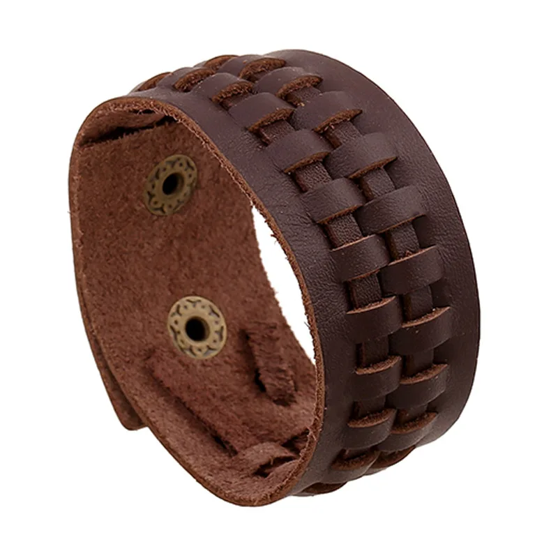 

Simple Design Genuine Leather Wrap Bracelet For Men Handmade Braided Wide Charm Wristband Cuff Bangle Men Retro Brown Jewelry