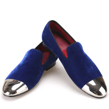 

black and blue velvet men shoes with gold and sliver toe metal Fashion Prom and banquet men loafers handmade mens dress shoes