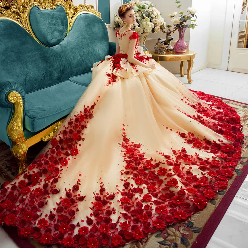 

Wedding Dresses With Flowers and crinoline bride to be Ball Gown O-Neck Backless Court Train Long dress wedding belt