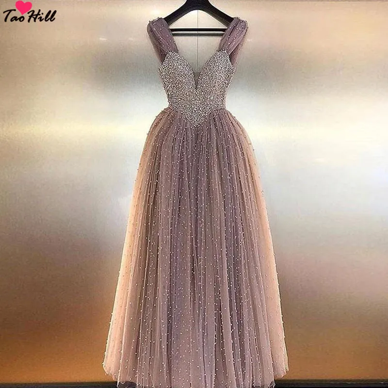 

TaoHill Robe de Soiree Longue Evening Dresses Lebanon A-line Straps Deep V-neck Champagne Evening Party Dress Gown