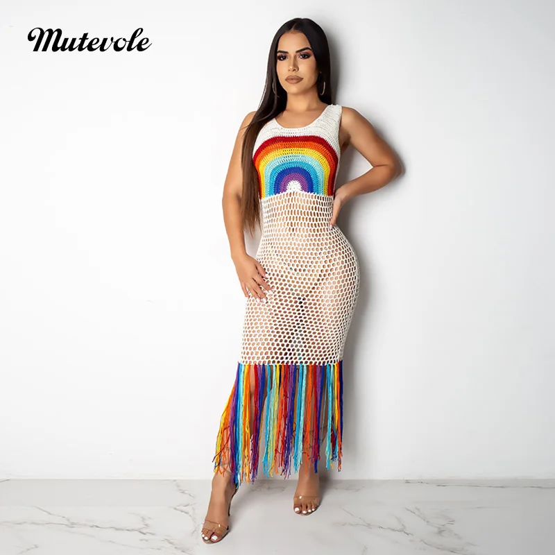 

Mutevole Women Summer Sexy Hollow Out Rainbow Dress Crochet Knitted Beach Cover Dress O Neck Sleeveless See Through Tassel Dress
