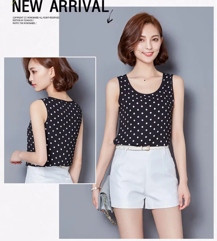 Sleeveless Blusa Women Summer Chiffon Striped Dot Blouses Tops elegant Casual Loose Plus Size Tank Top Vetement Femme 2016  A292 g