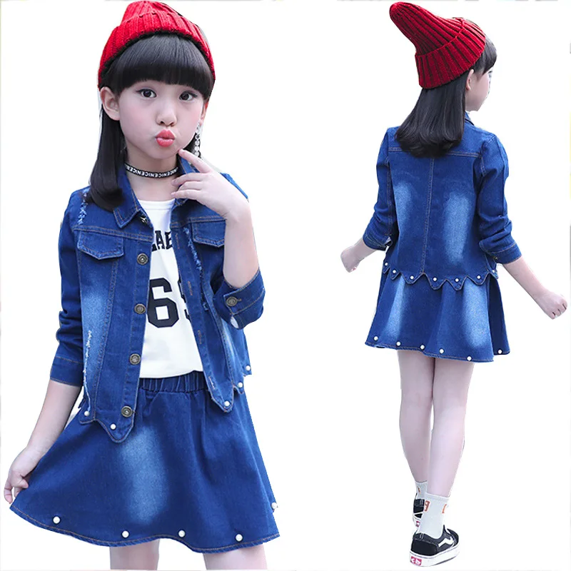 

Girls Denim Jackets Kids Long-Sleeved Denim Jackets for Short skirt 2 piece set Girl Baby Embroidered Denim Coat Clothing 4 -14T