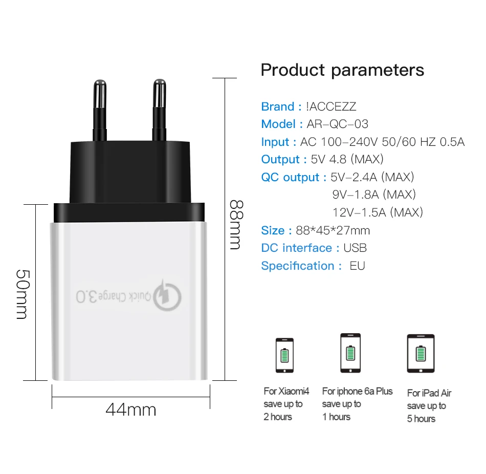 ACCEZZ 18 Вт 3 порта USB зарядное устройство Быстрая зарядка 3,0 5 в 3 а для iphone 8 X Быстрая зарядка для samsung S8 Xiaomi мобильный телефон адаптер ЕС