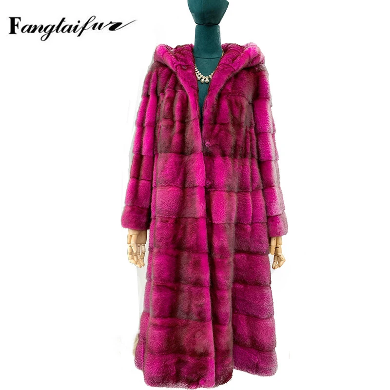 Fang Tai Fur 2019 зимняя женская импортная бархатная норковая шуба с волнистым кроем с мехом Капор из норки пальто женские X-Long настоящие норковые