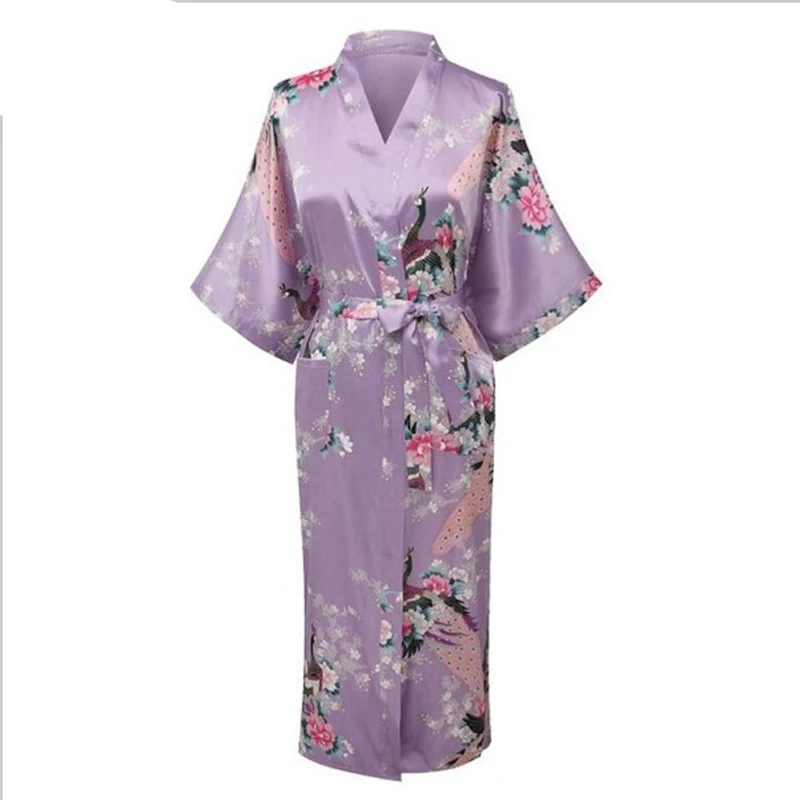 Light Purple Print Flower Women Robe Gown Chinese Traditional Bathrobe