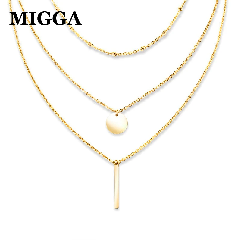 

MIGGA Rose Gold Color Geometric Pendant Multilayers Necklace Chain 316L Stainless Steel No Fade Jewelry