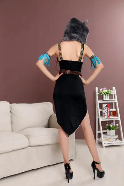 Four Piece Native Fringe Trim Black Dress Woman Wolf Costume