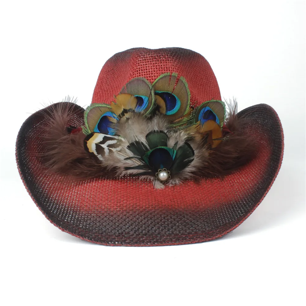 Женская Соломенная западная ковбойская шляпа летняя женская пляжная шляпа с перьями Sombrero Hombre красная Панама Cowgirl Jazz Sun cap размер 56-58 см