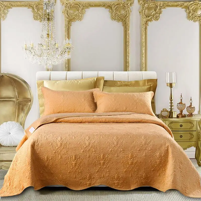 Famvotar Роскошные 3 предмета стеганое покрывало с вышивкой queen Размер дамасский узор стеганое одеяло сплошной цвет летние покрывала - Цвет: Gold