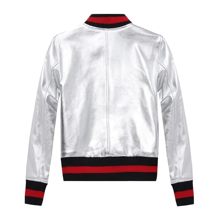 Fashion Gold/silver sheepskin bomber jackets Chic women's baseball uniform coat Real leather Jackets coat S531