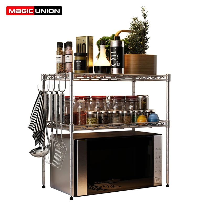 

Magic Union 3-Tier Metal Kitchen Storage Shelf Iron Frame Multi-function Microwave Storage Rack + Hook Bathroom Book Shelf