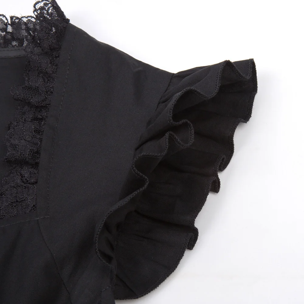 Retro Vintage Black Punk Gothic Sleeveless V-neck Lace-up Corset Ruffle Dress