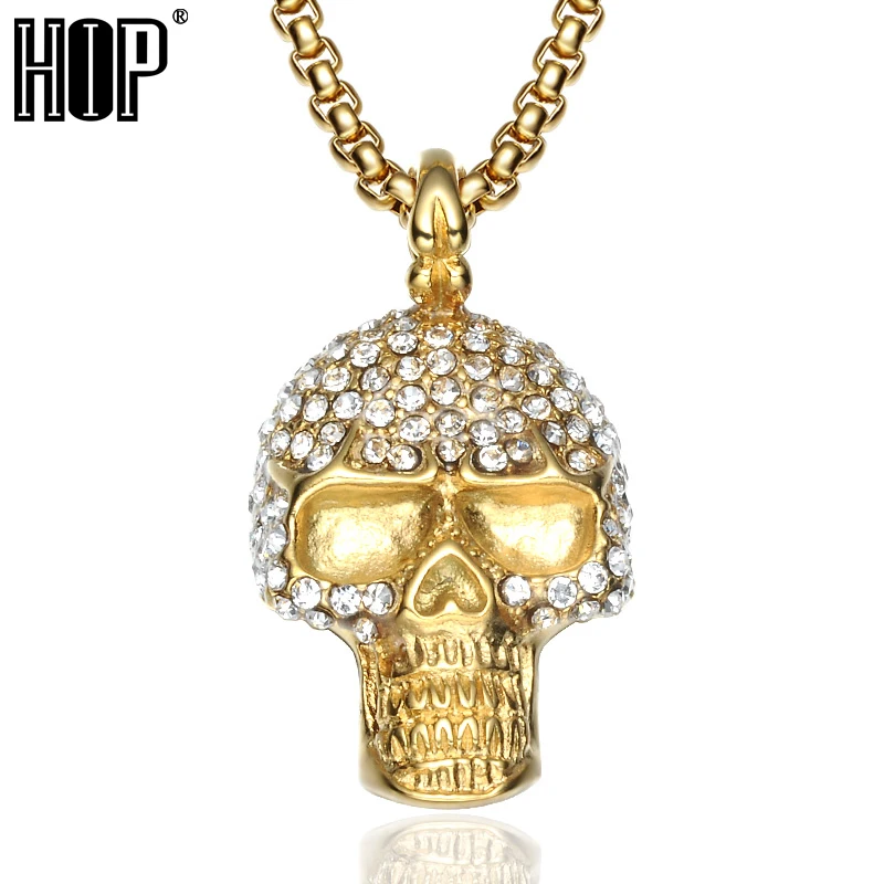 

HIP Hop Bling Iced Out Full Rhinestone Unique Gold Charm Pendants Necklaces Titanium Skeleton Skull Necklace for Men Jewelry
