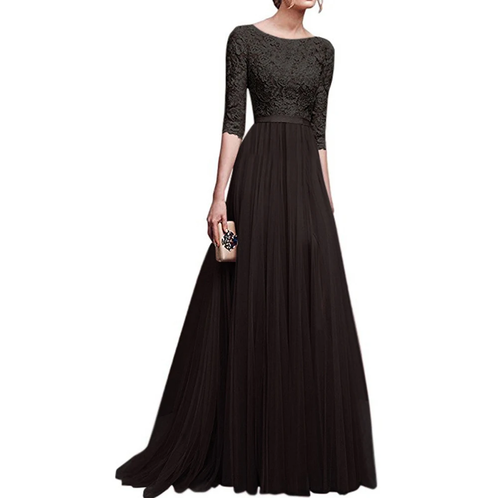 LISM элегантное женское платье с круглым вырезом, рукавом три четверти, темно-синего цвета, Vestidos, вечернее платье, большие размеры, макси, черные вечерние платья