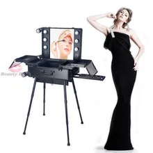 Классический черный алюминиевый чехол для макияжа с лампочками, визажист для макияжа, красивая тележка для макияжа