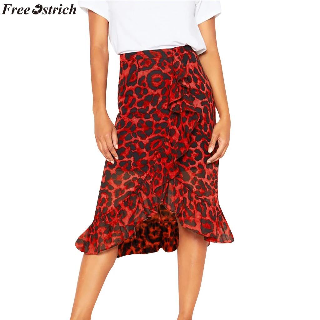 Страусиная винтажная длинная юбка с леопардовым принтом, Женская Осенняя юбка с высокой талией, асимметричная юбка с рюшами, зимняя Асимметричная Повседневная юбка
