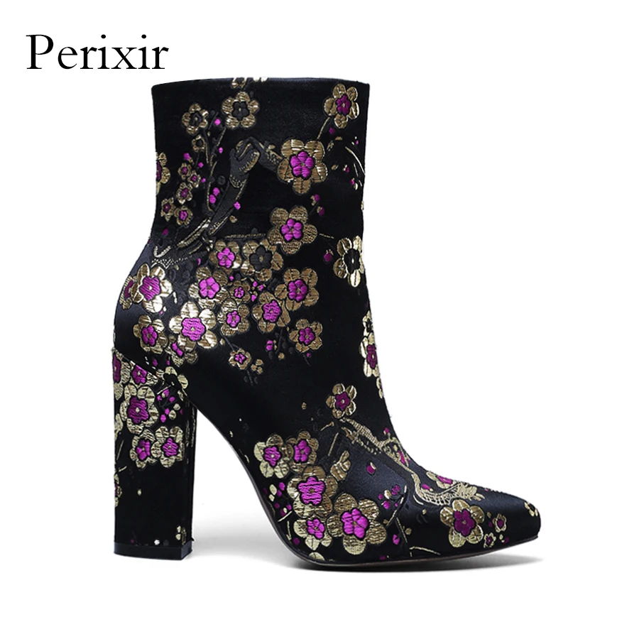 

Andralyn Autumu/winter women ankle boots handmade embroider fabric high heels pointed toe ladies fashion shoes